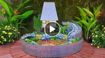 DIY amazing waterfall aquarium with common house from cement